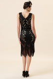 Abito Flapper anni '20 con frange di paillettes nere con 20s Accessories Set