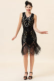 Abito Flapper anni '20 con frange di paillettes nere con 20s Accessories Set