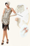Abito Gatsby anni '20 con frange di paillettes argento con 20s Accessori Set