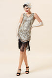 Abito Gatsby anni '20 con frange di paillettes argento con 20s Accessori Set