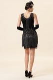 Frange nere paillettes Abito Flapper anni '20 con set di accessori anni '20