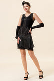 Frange nere paillettes Abito Flapper anni '20 con set di accessori anni '20
