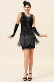 Frange nere paillettes Abito Flapper anni '20 con set di accessori anni '20