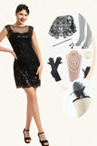 Abito Gatsby nero di paillettes del 1920 con set di accessori anni '20