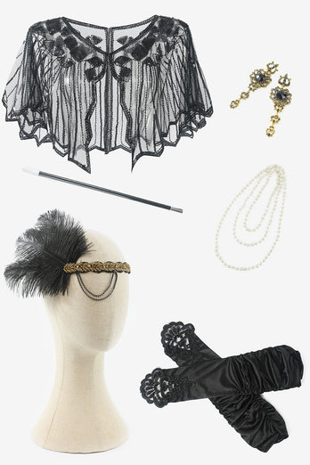 Frange di paillettes nere Abiti anni '20 con set di accessori anni '20