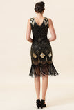 Abito Gatsby Flapper anni '20 con frange di paillettes nere e dorate with 20s Accessories Set