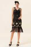 Abito Gatsby Flapper anni '20 con frange di paillettes nere e dorate with 20s Accessories Set