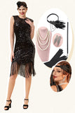Frange di paillettes nere Abiti anni '20 con set di accessori anni '20