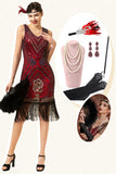 Frange di paillettes bordeaux Abito Gatsby Flapper anni '20 con set di accessori anni '20