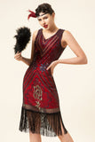 Frange di paillettes bordeaux Abito Gatsby Flapper anni '20 con set di accessori anni '20