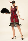Frange di paillettes bordeaux Abito Gatsby Flapper anni '20 con set di accessori anni '20
