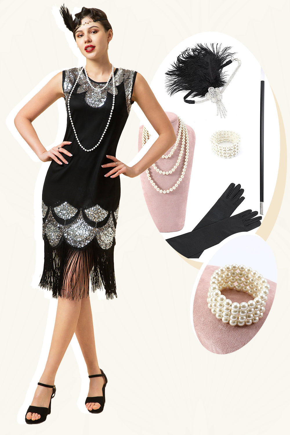 Kit Accessori Anni 20 Donna - Fascia Piume, Collana Perle, Guanti, Per Feste A Tema Gatsby - Foto 7