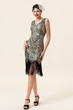 Albicocca e frange di paillettes dorate Abito Gatsby Flapper anni '20 con set di accessori anni '20