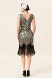 Albicocca e frange di paillettes dorate Abito Gatsby Flapper anni '20 con set di accessori anni '20
