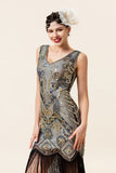 Albicocca e frange di paillettes dorate Abito Gatsby Flapper anni '20 con set di accessori anni '20