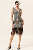 Albicocca e frange di paillettes dorate Abito Gatsby Flapper anni '20 con set di accessori anni '20