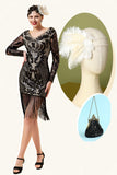 Frange nere a maniche lunghe con paillettes Abiti anni '20 con set di accessori anni '20