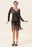 Frange nere a maniche lunghe con paillettes Abiti anni '20 con set di accessori anni '20