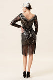 Frange nere a maniche lunghe con paillettes Abiti anni '20 con set di accessori anni '20