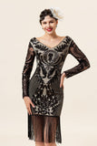 Frange nere a maniche lunghe con paillettes Abiti anni '20 con set di accessori anni '20