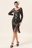 Frange nere a maniche lunghe con paillettes Abiti anni '20 con set di accessori anni '20