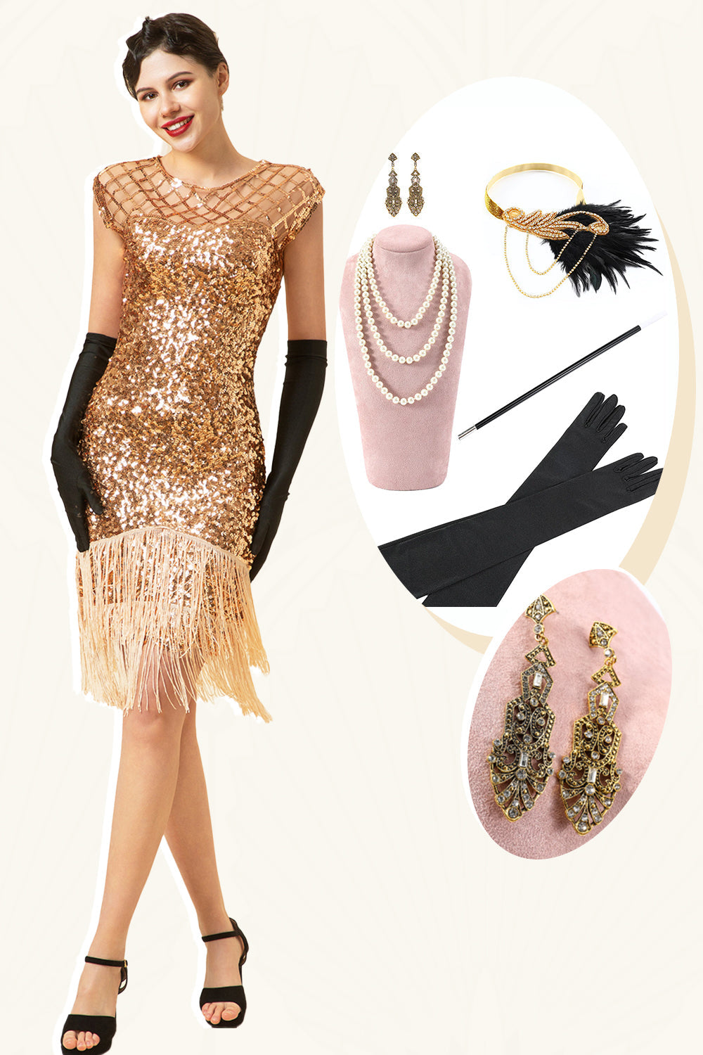 Maniche rosa con paillettes frange 1920s Gatsby Flapper Dress con set di accessori anni '20