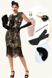 Abito Gatsby Flapper anni '20 con frange nere e dorate con set di accessori anni '20