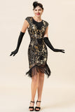 Abito Gatsby Flapper anni '20 con frange nere e dorate con set di accessori anni '20