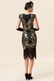 Abito Gatsby Flapper anni '20 con frange nere e dorate con set di accessori anni '20