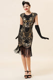 Abito Gatsby Flapper anni '20 con frange nere e dorate con set di accessori anni '20