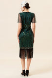 Maniche corte verde scuro frange di paillettes Abiti anni '20 con set di accessori anni '20