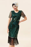 Maniche corte verde scuro frange di paillettes Abiti anni '20 con set di accessori anni '20
