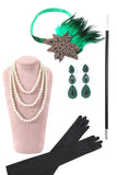 Maniche corte verde scuro frange di paillettes Abito Gatsby Flapper anni '20 con set di accessori anni '20