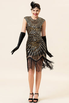 Nero e oro berretto maniche con paillettes frange Abito da festa Gatsby Flapper anni '20 con set di accessori anni '20
