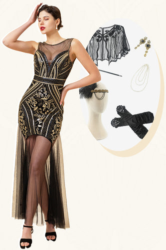 Nero e Golden Illusion Neck paillettes lungo Abito Gatsby Flapper anni '20 con set di accessori anni '20