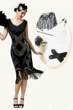 Abito da festa Gatsby Flapper nero in paillettes del 1920 con set di accessori anni '20