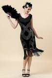 Abito da festa Gatsby Flapper nero in paillettes del 1920 con set di accessori anni '20