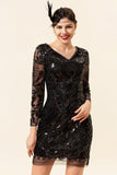 Abito da festa a maniche lunghe nero di paillettes 1920s Gatsby Flapper Party con set di accessori anni '20