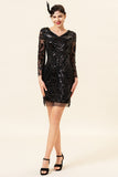 Abito da festa a maniche lunghe nero di paillettes 1920s Gatsby Flapper Party con set di accessori anni '20
