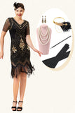 Abito Gatsby Flapper anni '20 a maniche corte nero e dorato with 20s Accessories Set