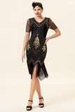 Abito Gatsby Flapper anni '20 a maniche corte nero e dorato with 20s Accessories Set