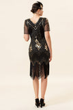 Abito Gatsby Flapper anni '20 a maniche corte nero e dorato with 20s Accessories Set