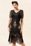 Abito Gatsby Flapper anni '20 a maniche corte nero e dorato with 20s Accessories Set