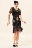 Abito Gatsby Flapper anni '20 a maniche corte nero e dorato with 20s Accessories Set