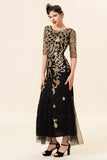 Vestito flapper glitterato con paillettes dorate con 1920s Accessori Set