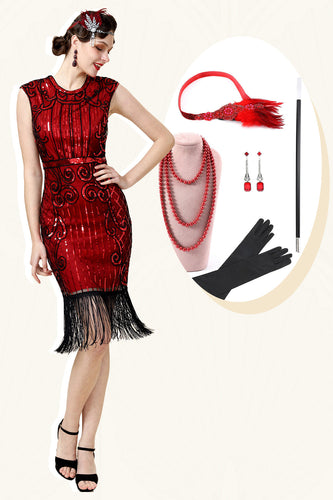 Abito flapper con frange in paillettes bordeaux con set di accessori del 1920