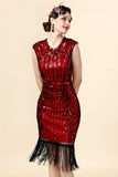 Abito flapper con frange in paillettes bordeaux con set di accessori del 1920