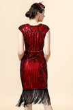 Abito flapper con frange in paillettes bordeaux con set di accessori del 1920