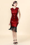 Abito flapper con frange in paillettes bordeaux con set di accessori del 1920