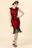 Abito flapper con frange in paillettes bordeaux con set di accessori del 1920